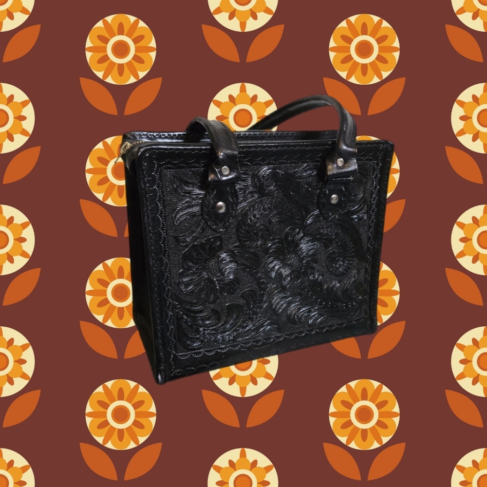 70s Tooled Black Leather Handbag